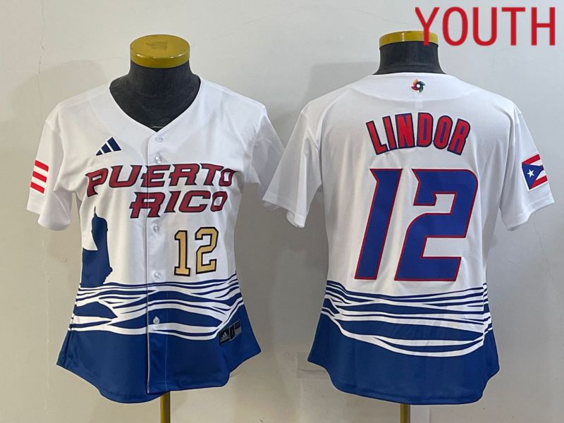 Youth 2023 World Cub Puerto Rico #12 Lindor White MLB Jersey5